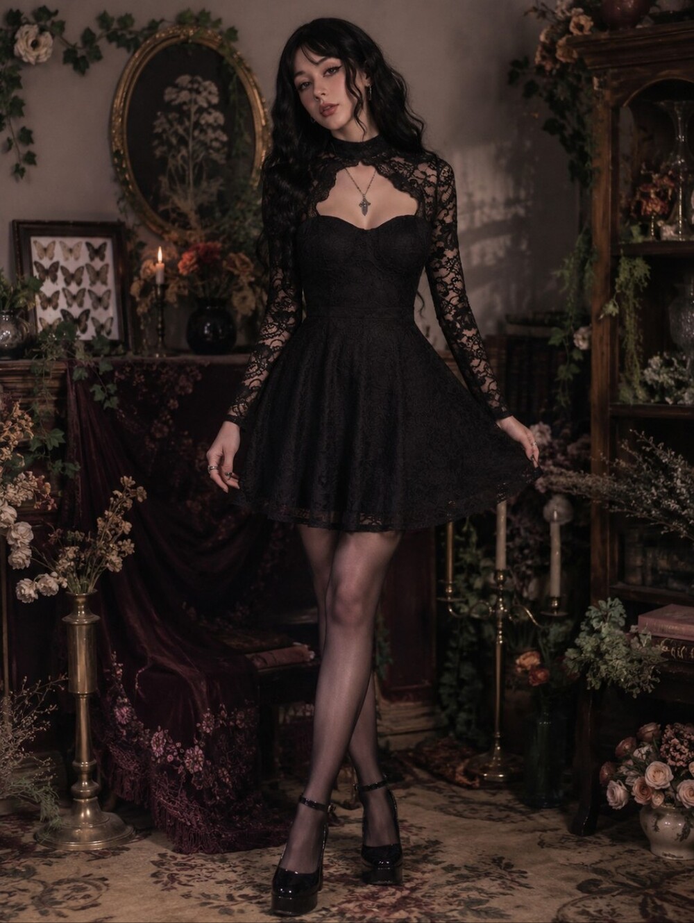 🆕️Lace Keyhole Long-Sleeve Fit & Flare Skater Dress